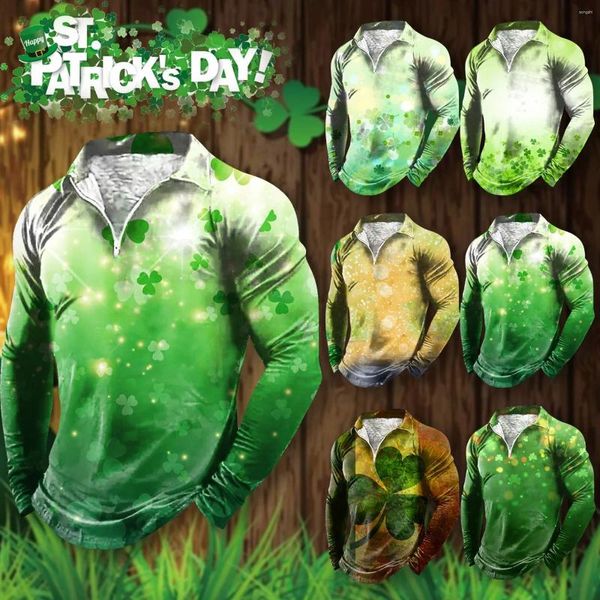 T-shirts pour hommes Fun St. Day Impression 3D Demi-fermeture à glissière Chemise haute à manches longues Hommes grands et grands 95 coton 5 spandex