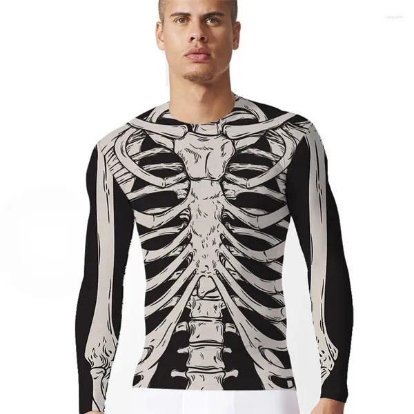 T-shirts pour hommes drôle 3D squelette chemise noir blanc carnaval Halloween cosplay hauts à manches longues imprimé mince pour hommes femmes vêtements unisexes