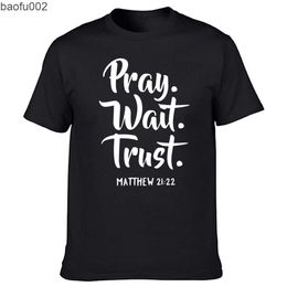 Heren t-shirts grappig bid Wait vertrouwen t shirts grafisch katoen streetwear korte mouw o-neck harajuku hiphop christelijke god religie t-shirt mannen w0322