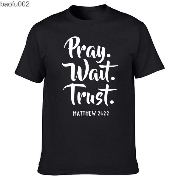 T-shirts pour hommes Funny Pray Wait Trust T-shirts Graphic Cotton Streetwear Short Sleeve O-Neck Harajuku Hip Hop Christian God Religion T-shirt Men W0322