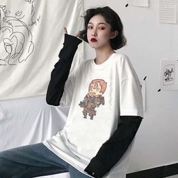 T-shirts pour hommes drôle VALORANT jeu chemise classique mode rayé à manches longues hauts belle brèche dessin animé Manga col rond décontracté hommes femmes