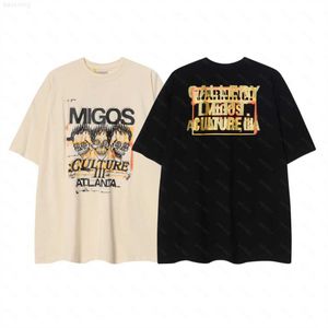 Camisetas para hombres Galerías Dept Harajuku 23ss Vintage Washed Gold Stamp Letters Migos Impreso camiseta suelta de gran tamaño Hip Hop Unisex Camisetas de manga corta FDF