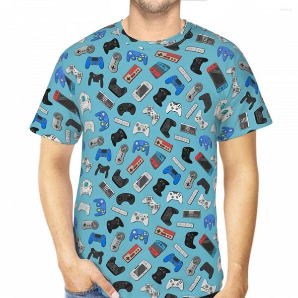 Camisetas para hombre, camisetas con controlador de juego, fondo azul, estampado 3D, camisetas Retro de poliéster de manga corta de gran tamaño, ropa de calle
