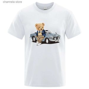 T-shirts pour hommes Gentleman Teddy Bear dans une voiture de sport vintage Vêtements masculins de haute qualité T-shirts surdimensionnés T-shirt respirant Hip Hop T-shirts en coton T240202