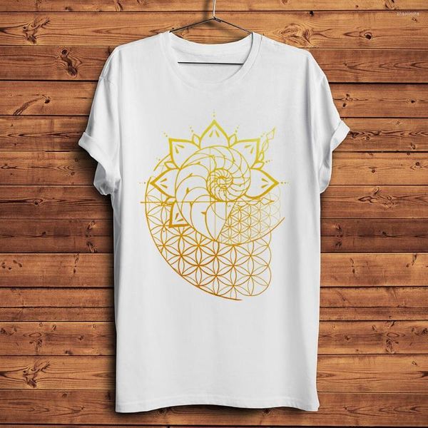 Camisetas de hombre con líneas geométricas de Fibonacci, camiseta divertida de Mandala de amonita Geek, camiseta informal de manga corta blanca para hombre, ropa de calle Unisex Geeker