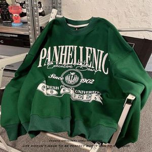 T-shirts voor heren Gmiixder Vintage shirt met lange mouwen Amerikaanse retro donkergroen O-hals T-shirt heren dames High Street Top oversize 318z