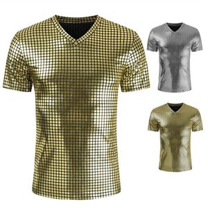 Camisetas para hombres Gold Silver Plaid Metallic Nightclub Wear Camiseta Hombres Sexy New Disco Party Stage Prom Camisetas Hombres Slim Fit V Ne277b