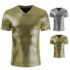 Camisetas para hombres Gold Silver Plaid Metallic Nightclub Wear Camiseta Hombres Sexy New Disco Party Stage Prom Camisetas Hombres Slim Fit V Ne333Q