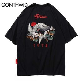 T-shirts pour hommes GONTHWID Broderie Japonaise Ukiyoe Grue Fleurs Mont Fuji Tee Shirts Streetwear Harajuku Casual Hip Hop Tshirts Hommes Top Homme Z230704