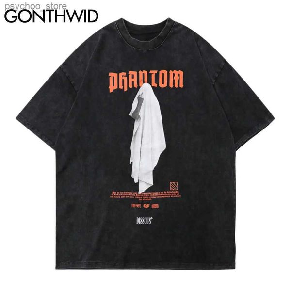 T-shirts hommes Gonthwid T-shirts Hip Hop Distressed Middle Finger Ghost Streetwear T-shirts Chemises Harajuku Hipster Casual Coton Tops à manches courtes Q240130