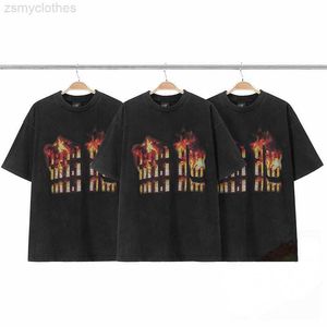 Camisetas para hombre, camiseta Vintage con estampado de torre de fuego lavada, ropa de calle para hombre, camiseta a la moda para mujer