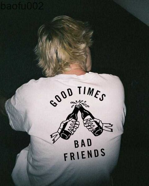 T-shirts pour hommes Good Time Bad Friends T-shirt Style d'été pour hommes Tenue esthétique Tumblr Tees graphiques Grunge Citations Tee-shirt blanc W0322