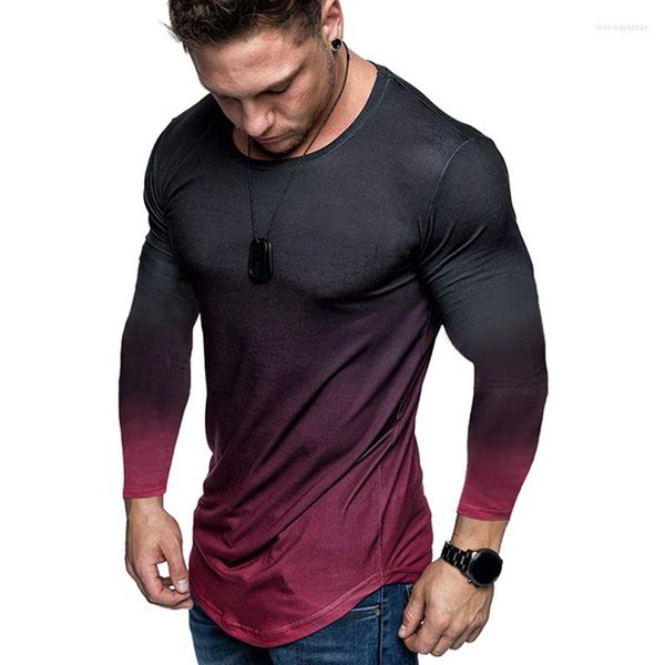 Hommes t-shirts dégradé de couleur 3D imprimé séchage rapide Compression à manches longues chemise Fitness serré t-shirts hauts pour homme