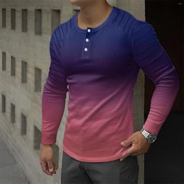 T-shirts pour hommes Gradient Shirt Stripe Print Button Col rond à manches longues pour hommes Fitness Outfits Ropa Hombre