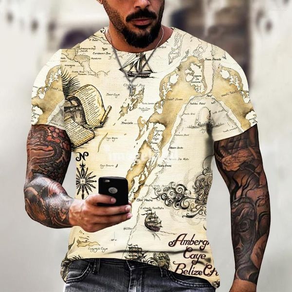T-shirts pour hommes T-shirt graphique été 3D Vintage carte voile impression à manches courtes décontracté rue col rond haut surdimensionné