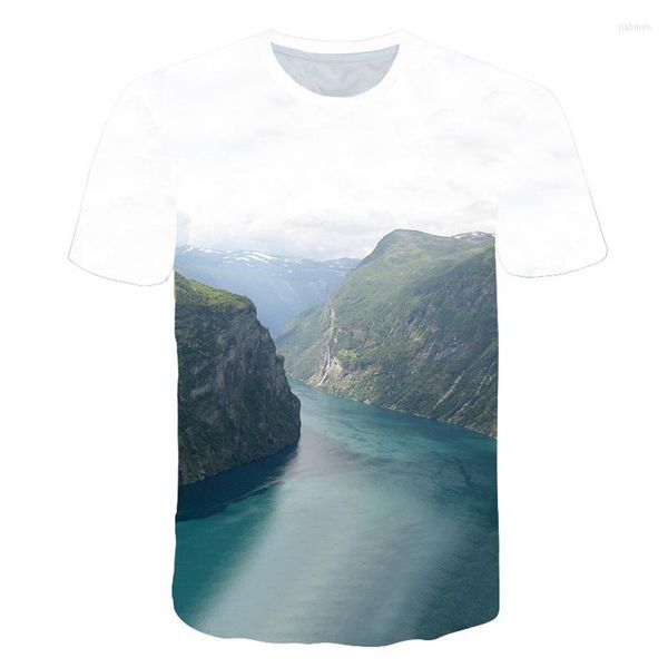 Camisetas para hombres Camisetas gráficas para hombres Moda Paisaje natural Patrón Camisa Guapo Casual Impresión en 3D Camiseta Verano Montañas y ríos