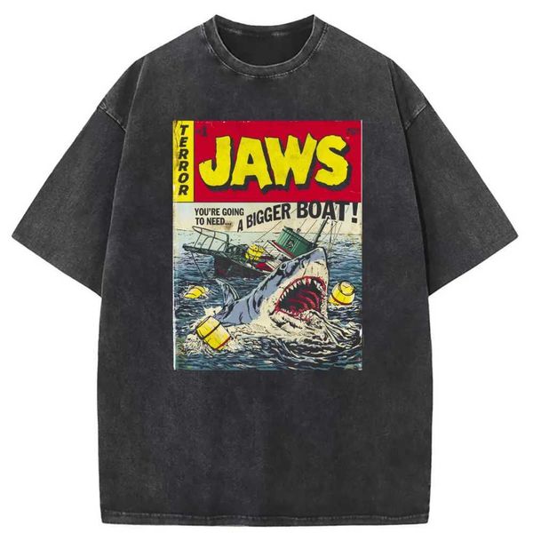 T-shirts pour hommes Great White Shark Attack Wash Wash Mens Mens à manches longues Shirt Sports Printing Fashion Nouveau Q240515