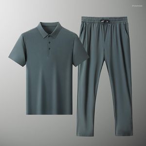 Camisetas para hombre, conjunto de traje deportivo verde de verano para hombre, seda helada, fina, de secado rápido, transpirable, informal, mangas cortas y pantalones largos