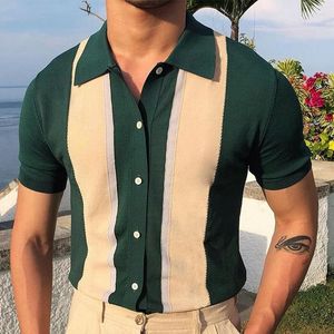 Camisetas para hombres Camisa POLO verde Estilo Cuello maduro Camiseta en contraste Cárdigan de un solo pecho Ropa de punto