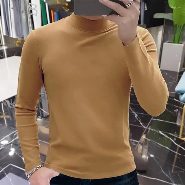 Camisetas para hombre, medio cuello alto, camiseta informal delgada para Hombre, camiseta de manga larga para Hombre, camiseta de Color sólido, Camisetas para Hombre, suéter de cuello redondo de cachemira para