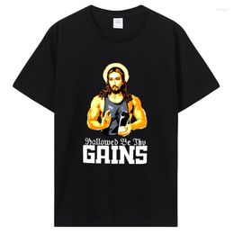 Mannen T-shirts Hallowed Be Thy Gains Tshirt Grappige Spier Jezus Gewichtheffen Trainen Humor T-shirt Leisure Comfortabele Kleding Mannen Katoen