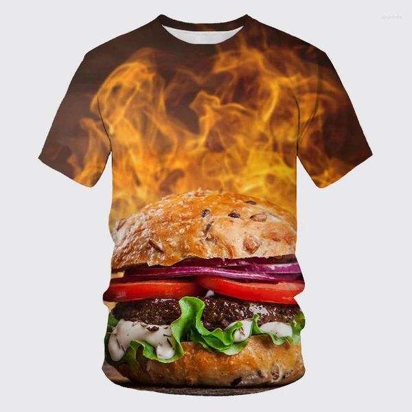 Camisetas para hombre con estampado 3D de hamburguesa y Pizza, camiseta informal de manga corta con cuello redondo de verano, ropa de calle de gran tamaño, camisetas divertidas para niños