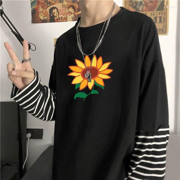 Camisetas para hombres Harajuku Anime Sk8 The Infinity Shirt Hombres Girasoles amarillos Gráfico estético Verano de gran tamaño Rayas blancas y negras