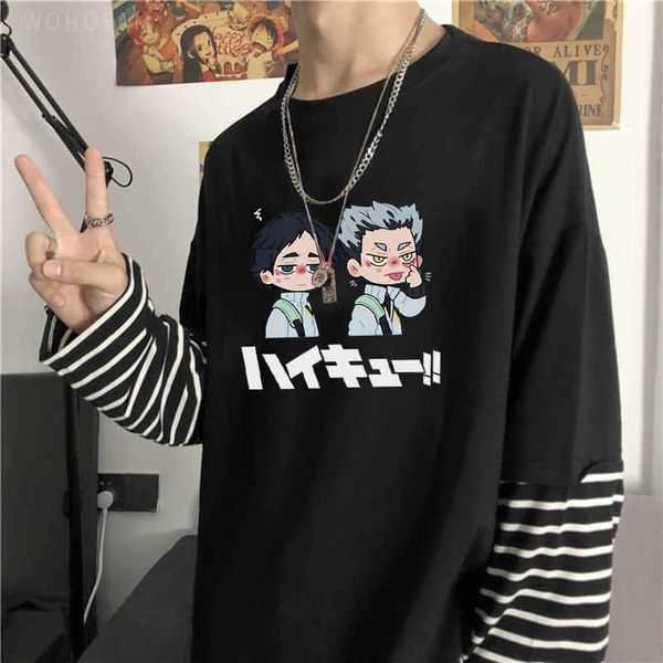 T-shirts pour hommes Harajuku Haikyuu Fukurodani High School T-shirt à manches longues Akaashi Keiji et Kotaro Bokuto Manga Cartoon Fake Two Pieces Tshirt Y2302