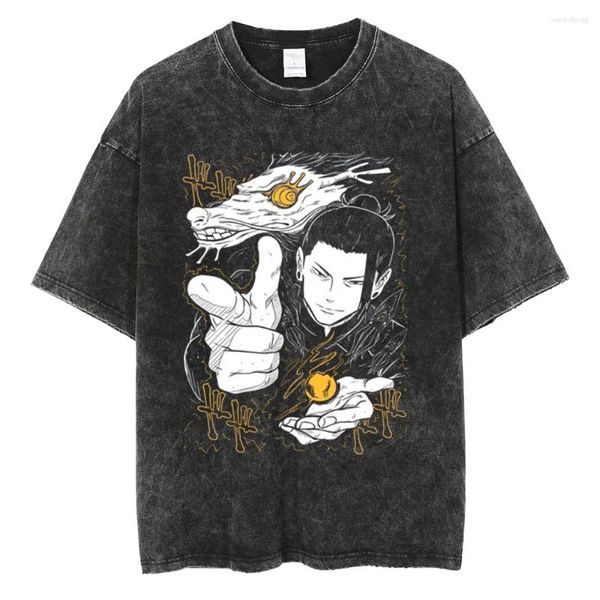 Camisetas para hombre Harajuku, camiseta negra lavada holgada, camiseta con estampado gráfico de Anime, camisa Vintage de gran tamaño para hombre, camisetas de algodón a la moda de verano