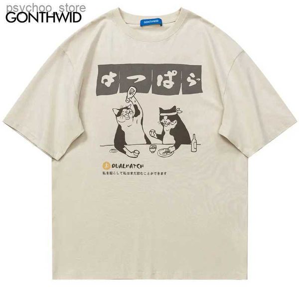 T-shirts hommes Harajuku Hommes Tshirt Japonais Chat Graphique Imprimer T-shirt 2023 Mode d'été Hip Hop Casual Coton Lâche Tee Shirts Tops Couple Q240130