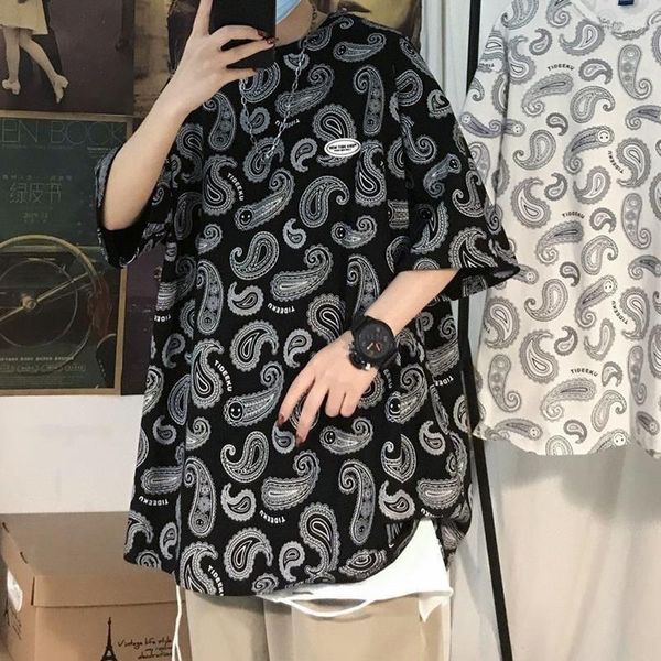 T-shirts pour hommes Harajuku T-shirts imprimés T-shirt surdimensionné pour hommes Été Lâche Fleur de cajou 2023 Hong Kong Style Tendance à manches courtes