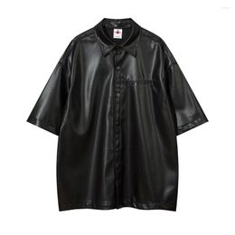 T-shirts pour hommes Harajuku Pu Cuir Lettre Broderie Été Hommes T-shirts À Manches Courtes Y2K Revers Streetwear Surdimensionné Casual Top T-shirts Noir