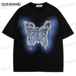 T-shirts pour hommes Harajuku Streetwear T-shirt Broderie Papillon Patch Coton T-shirt Hommes Hip Hop Casual Lâche Tee Shirts 2023 Summer Fashion Top T230512