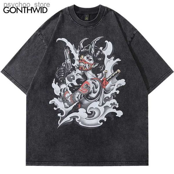 Camisetas para hombres Harajuku Streetwear camiseta Y2K Hip Hop Samurai japonés Impresión gráfica Camiseta lavada de gran tamaño Moda Verano Suelto Casual Top Q240130