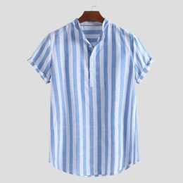 T-shirts homme Harajuku T-Shirt hommes rayé coton lin Colla manches courtes décontracté boutons Camisetas Hombre Verano