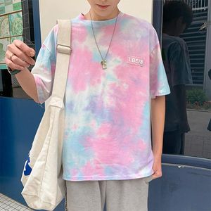 Heren t Shirts Harajuku Tie-Dye All-Match Zomer Nieuwheid Letter Afdruk T-shirt Hight Street Pullover Kpop Dignient 2023 Pink