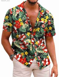 T-shirts voor heren Hawaiiaanse modehoens Floral Shirt 3D Gedrukte Y2K Beach Korte mouwen Camisa Summer Retro Clothingq240426