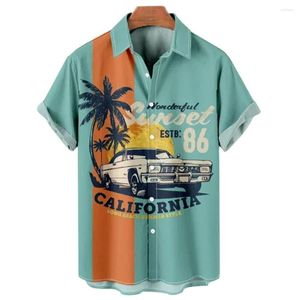 Hommes t-shirts Style hawaïen Vintage voiture impression été décontracté surdimensionné à manches courtes mode simple boutonnage Blouses revers