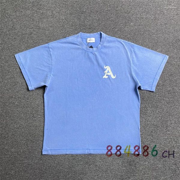 T-shirts pour hommes Haze Blue Vintage Made Old Wash Imprimé T-shirt à manches courtes Hommes Femmes Chemise décontractée de haute qualité A Logo Top Tee