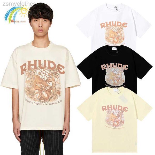 T-shirts pour hommes Tissu lourd Impression herbacée de haute qualité Rhude Tee Top Hommes Femmes Hip Hop Oversized Rhude T Shirt Black Apricot White Tags