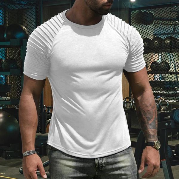 Camisetas para hombres Pesado para hombre de manga corta Casual Camiseta delgada O Cuello Brazo básico Plisado Entrenamiento muscular Top Hombres Tops morados Manga largaHombres