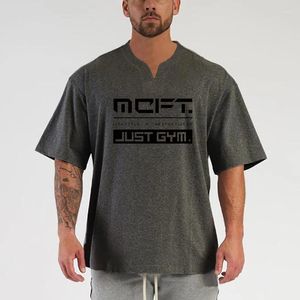 T-shirts pour hommes coton lourd petite épaule tombante T-shirt à manches courtes ample grande taille col en v T-shirt vêtements