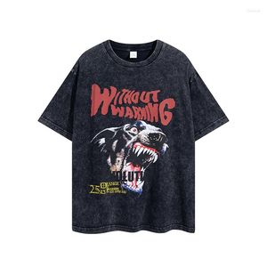 Heren T-shirts Heavyweight Vintage Wash Letter Dog Cotton Loose Large en Dames T-shirt