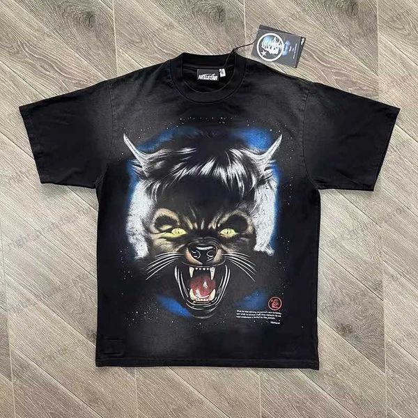 T-shirts pour hommes Hell as Star Dios Full Moon Tee Wolf Head et Full Moon Print vintage lavé et processus de décoloration à la main T240117