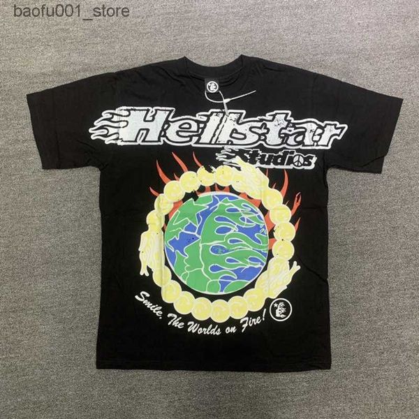 T-shirts pour hommes Hellstar Dios Earth Print Trendy Hip-Hop Manches courtes Homme Femmes T-shirts Unisexe Couverture en coton Hommes Vintage T-shirts Été Lâche Tee Rock Tenues Q240220