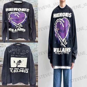 T-shirts voor heren Hellstar Sweatshirt met lange mouwen Paars Hart Graffiti Do Old Wash Do Old Hell Star Pullover Hoodie Sweatshirts T231214