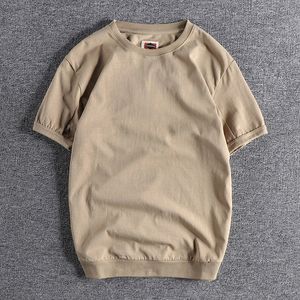 T-shirts pour hommes Coutures à l'ourlet T-shirt à manches courtes pour hommes kaki vintage japonais poids lourd lavé pur coton confortable demi-manche 230426