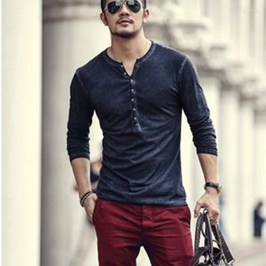 Camisetas Henley para hombre, camiseta informal con cuello en V y botones lisos, camiseta de manga larga ajustada para hombre, camiseta de algodón de alta calidad