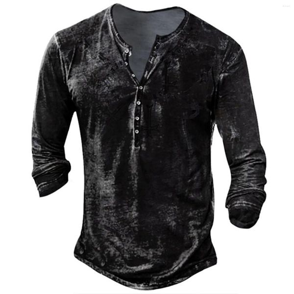 Hommes t-shirts Henley chemise pour hommes bouton col en v Vintage imprimé à manches longues gothique surdimensionné hauts t-shirt Punk Streetwear