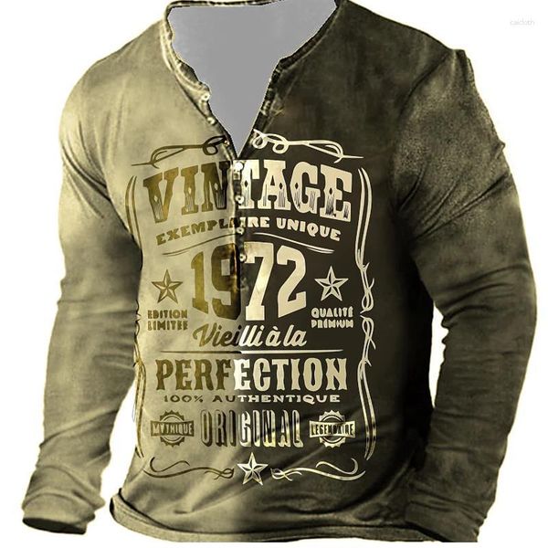 T-shirts pour hommes Henley chemise lettre imprimer pour hommes printemps coton à manches longues T-shirts grande taille boutonnés hauts T-shirts surdimensionnés 5XL